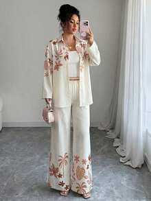 Rue Lumi Women's 2 Pieces Set Beige Summer Boho Tropical Leaf Digital Printed Long Sleeve Button-Up Blouse & Straight Leg Pants Holiday Vacation Outfit,Soft - Apricot - View 6