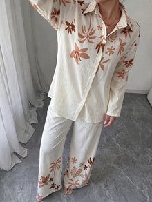 Rue Lumi Women's 2 Pieces Set Beige Summer Boho Tropical Leaf Digital Printed Long Sleeve Button-Up Blouse & Straight Leg Pants Holiday Vacation Outfit,Soft - Apricot - View 7