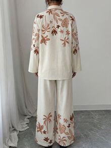 Rue Lumi Women's 2 Pieces Set Beige Summer Boho Tropical Leaf Digital Printed Long Sleeve Button-Up Blouse & Straight Leg Pants Holiday Vacation Outfit,Soft - Apricot - View 3