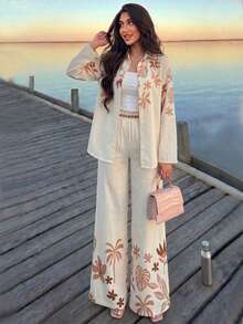 Rue Lumi Women's 2 Pieces Set Beige Summer Boho Tropical Leaf Digital Printed Long Sleeve Button-Up Blouse & Straight Leg Pants Holiday Vacation Outfit,Soft - Apricot - View 4