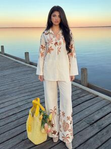 Rue Lumi Women's 2 Pieces Set Beige Summer Boho Tropical Leaf Digital Printed Long Sleeve Button-Up Blouse & Straight Leg Pants Holiday Vacation Outfit,Soft - Apricot - View 5