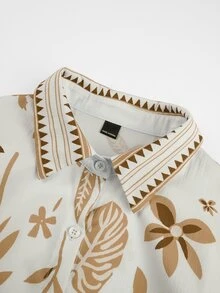 Rue Lumi Women's 2 Pieces Set Beige Summer Boho Tropical Leaf Digital Printed Long Sleeve Button-Up Blouse & Straight Leg Pants Holiday Vacation Outfit,Soft - Apricot - View 10