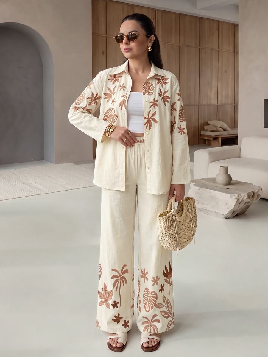 Rue Lumi Women's 2 Pieces Set Beige Summer Boho Tropical Leaf Digital Printed Long Sleeve Button-Up Blouse & Straight Leg Pants Holiday Vacation Outfit,Soft