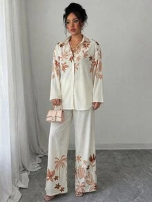Rue Lumi Women's 2 Pieces Set Beige Summer Boho Tropical Leaf Digital Printed Long Sleeve Button-Up Blouse & Straight Leg Pants Holiday Vacation Outfit,Soft - Apricot - View 8