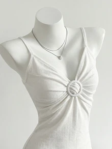 Elamini Top de tirantes con hebilla anular y fruncido para mujer, uso casual diario & vacaciones - Blanco - Ver 6