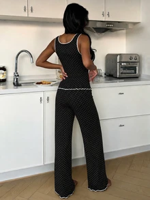 ZzzCrew Polka Dot Print Lettuce Trim Bow Front PJ Set - Black - View 2