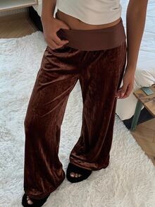 SHEIN EZwear Casual Commute Brown Velvet Women's Long Pants - Mocha Brown - View 10