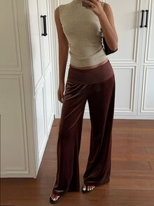 SHEIN EZwear Casual Commute Brown Velvet Women's Long Pants - Mocha Brown - View 7