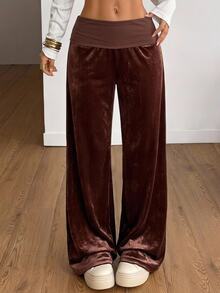 SHEIN EZwear Casual Commute Brown Velvet Women's Long Pants - Mocha Brown - View 12