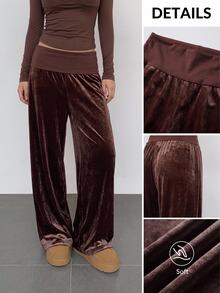 SHEIN EZwear Casual Commute Brown Velvet Women's Long Pants - Mocha Brown - View 11