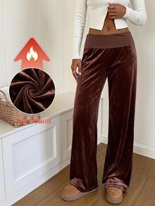SHEIN EZwear Casual Commute Brown Velvet Women's Long Pants - Mocha Brown - View 1