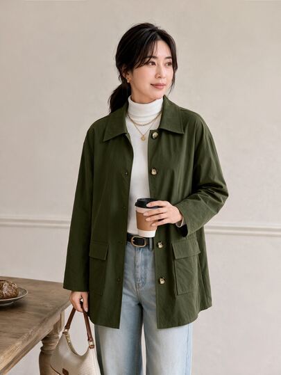 Yumoku Women's Minimalist Casual Single-Breasted Long Sleeve Pocket Trench Coat Work Office Olive Green Autumn