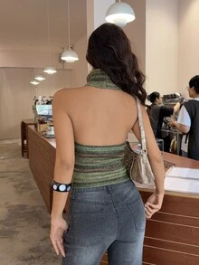 Aloruh 女款條紋高領修身休閒復古 70 年代掛脖針織上衣 高領套頭衫 夏季日常外出穿搭 橄欖綠 - 橄欖綠 - 查看 2