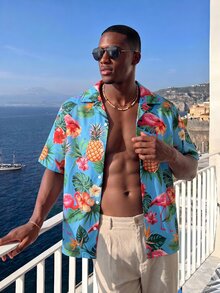 Manfinity BRENVOR Men's Vacation Style Digital Print Lapel Short Sleeve Button-Down Shirt - Blue - View 6