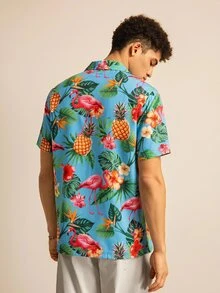 Manfinity BRENVOR Men's Vacation Style Digital Print Lapel Short Sleeve Button-Down Shirt - Blue - View 3