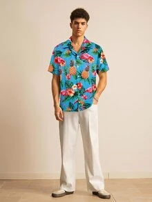 Manfinity BRENVOR Men's Vacation Style Digital Print Lapel Short Sleeve Button-Down Shirt - Blue - View 5