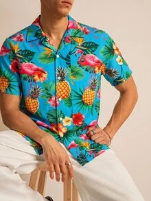Manfinity BRENVOR Men's Vacation Style Digital Print Lapel Short Sleeve Button-Down Shirt - Blue - View 4