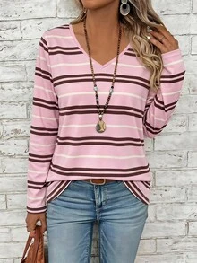 EMERY ROSE Áo thun sọc hồng phong cách preppy size lớn phù hợp cho mùa xuân và mùa thu - Nhiều màu - Xem 1