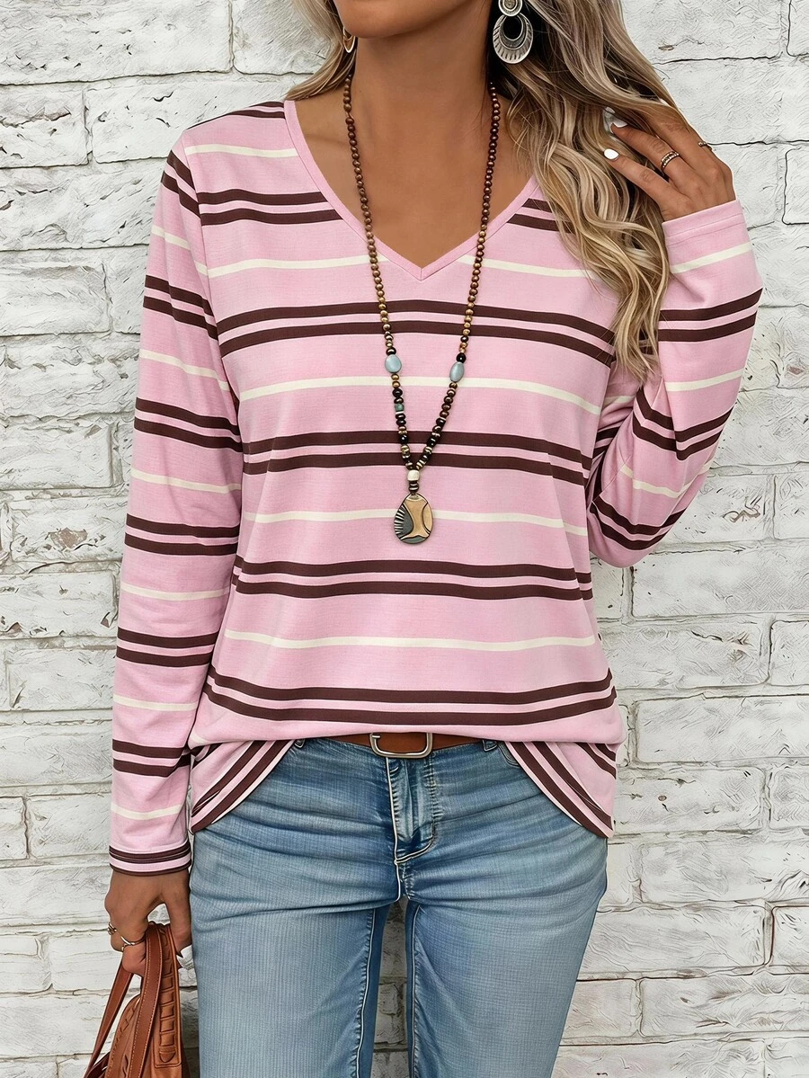 EMERY ROSE Áo thun sọc hồng phong cách preppy size lớn phù hợp cho mùa xuân và mùa thu - Nhiều màu - Xem 1