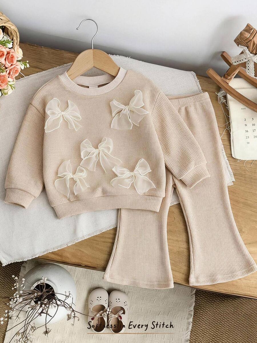 Cozy Pixies Baby Girl Bow Front Sweatshirt & Flare Leg Autumn Winter Pants Set - Apricot - View 1