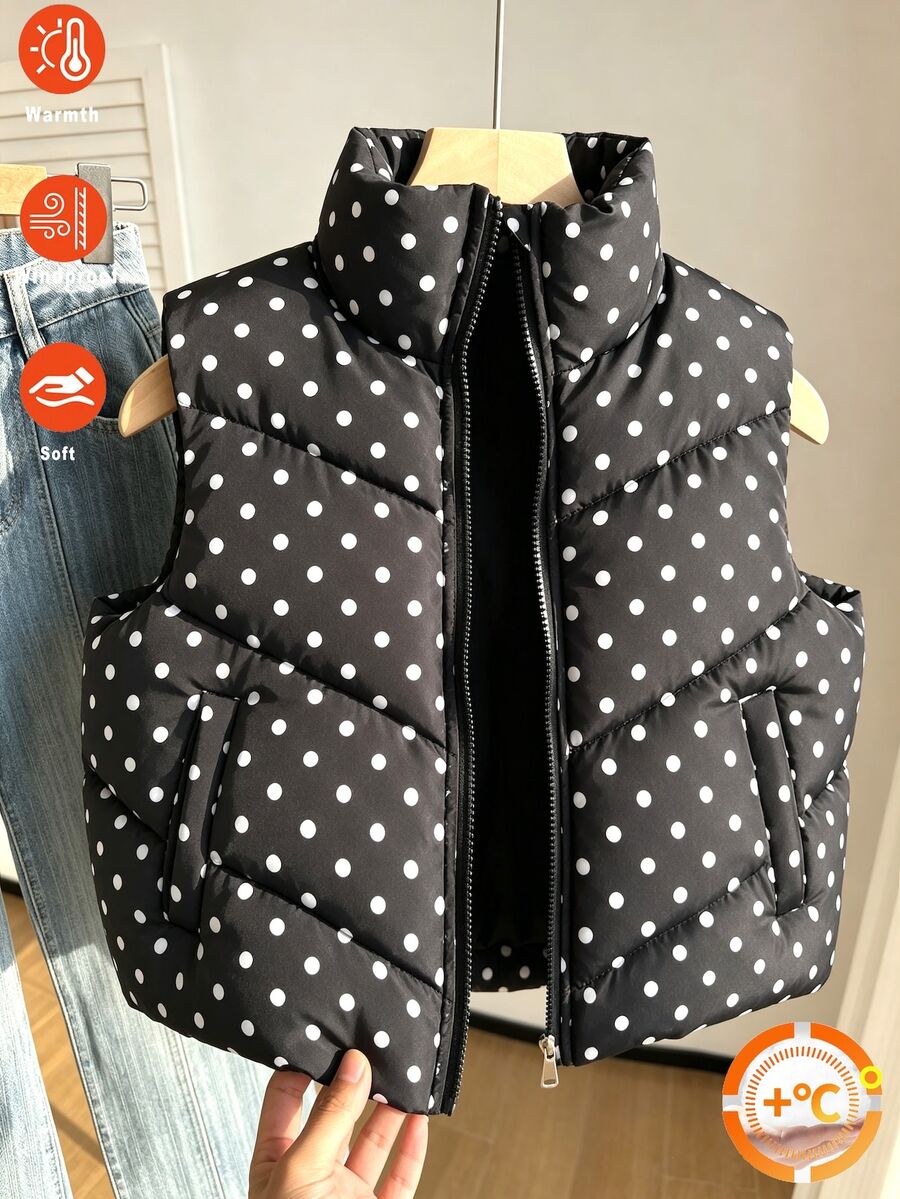 SHEIN Rompi Pendek Kasual Serbaguna untuk Olahraga, Berbahan Quilted, Berkerah Tegak, untuk Remaja Perempuan, Musim Gugur/Dingin - Hitam - View 1