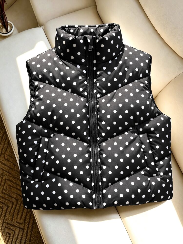 SHEIN Tween Girls Casual All-Match Versatile Sports Quilted Padded Stand Collar Short Vest, Autumn/Winter - Black - View 4