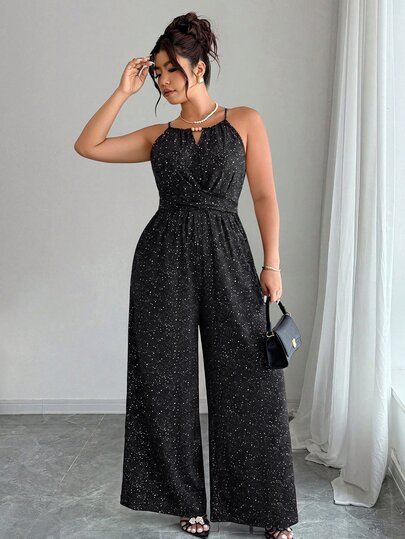 Elenzga Elegancki damski kombinezon owijany plus size ze srebrną folią, z wcięciem w talii, na wszystkie pory roku, odpowiedni na bankiet i do biura