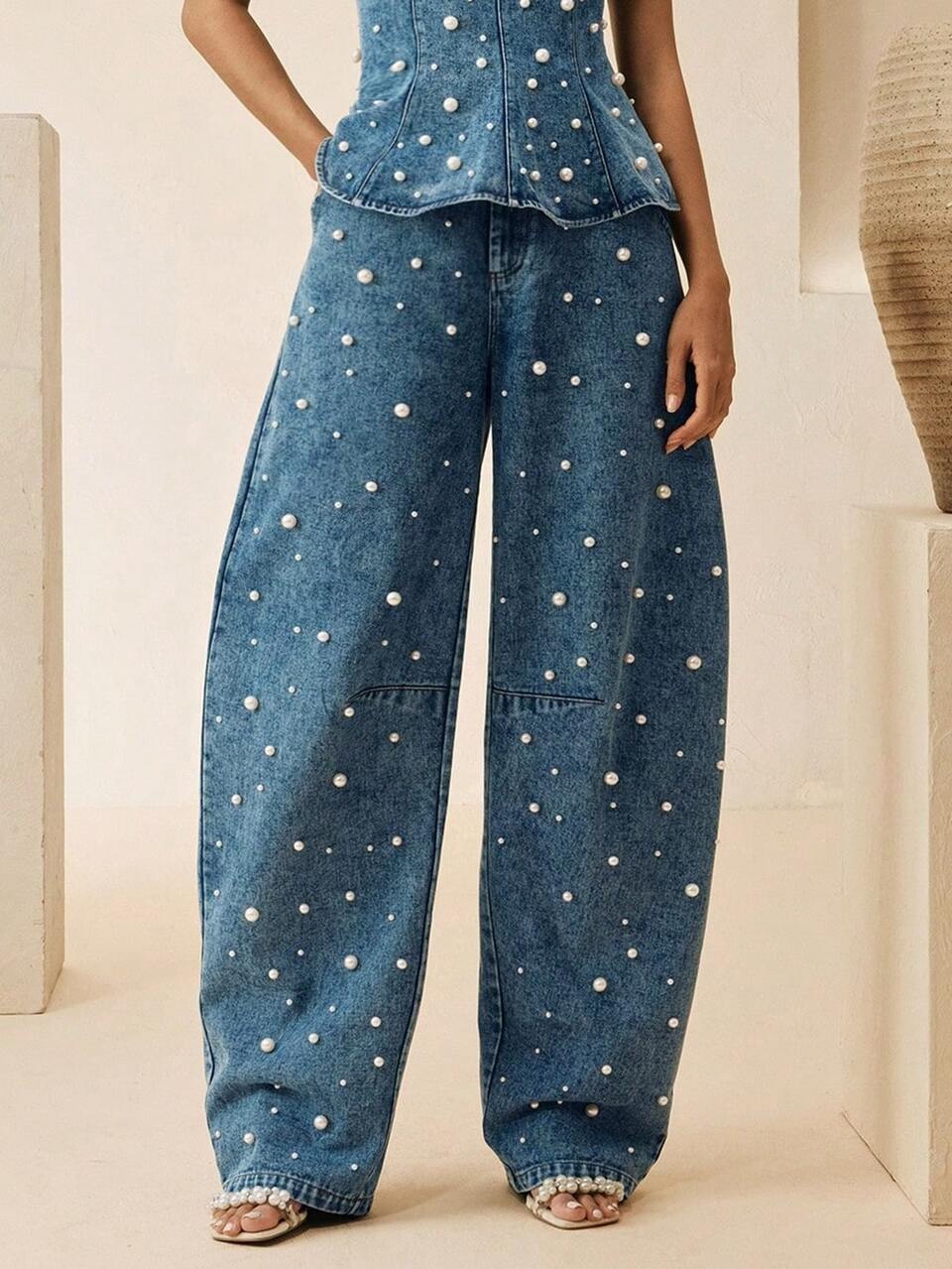 All-Season Modern Fashion Party Outfits Luxury Heavy-Duty High-Waist Full Pearl Decor Curved Blue Jeans For Women, Suitable For Party, Date, Daily Wear