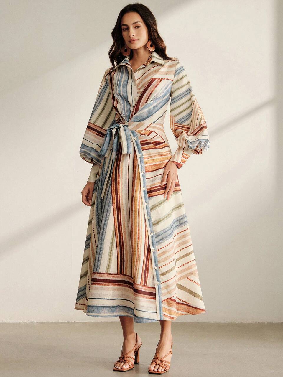 Spring/Autumn Vintage Vacation Style Multi-Color Contrast Striped Bow Tie Waist Cinched Textured Luxury Women's Petite Long Dress, Perfect For Vacation, Daily, Outing