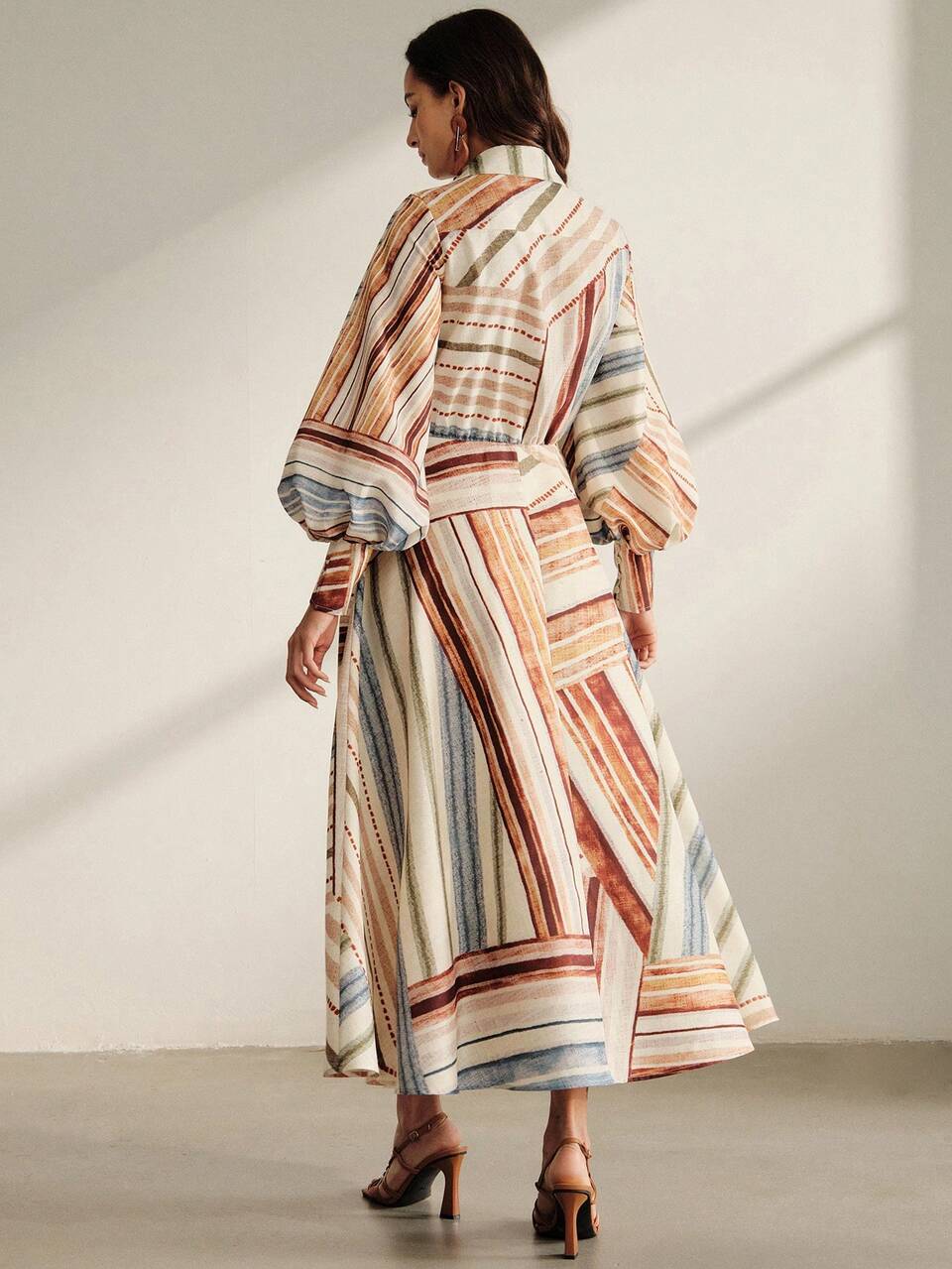 Spring/Autumn Vintage Vacation Style Multi-Color Contrast Striped Bow Tie Waist Cinched Textured Luxury Women's Petite Long Dress, Perfect For Vacation, Daily, Outing