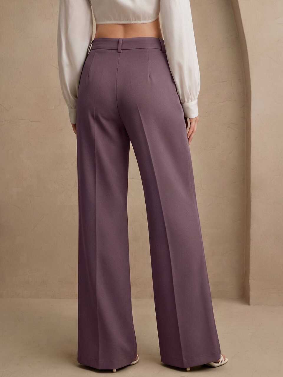Anewsta Essential Elegant All-Season Commute Work Outfits For Women, High-Waisted Front Pleated Slanted Pocket Straight Leg Purple Pants, Suitable For Commute, Daily Wear, Dates
