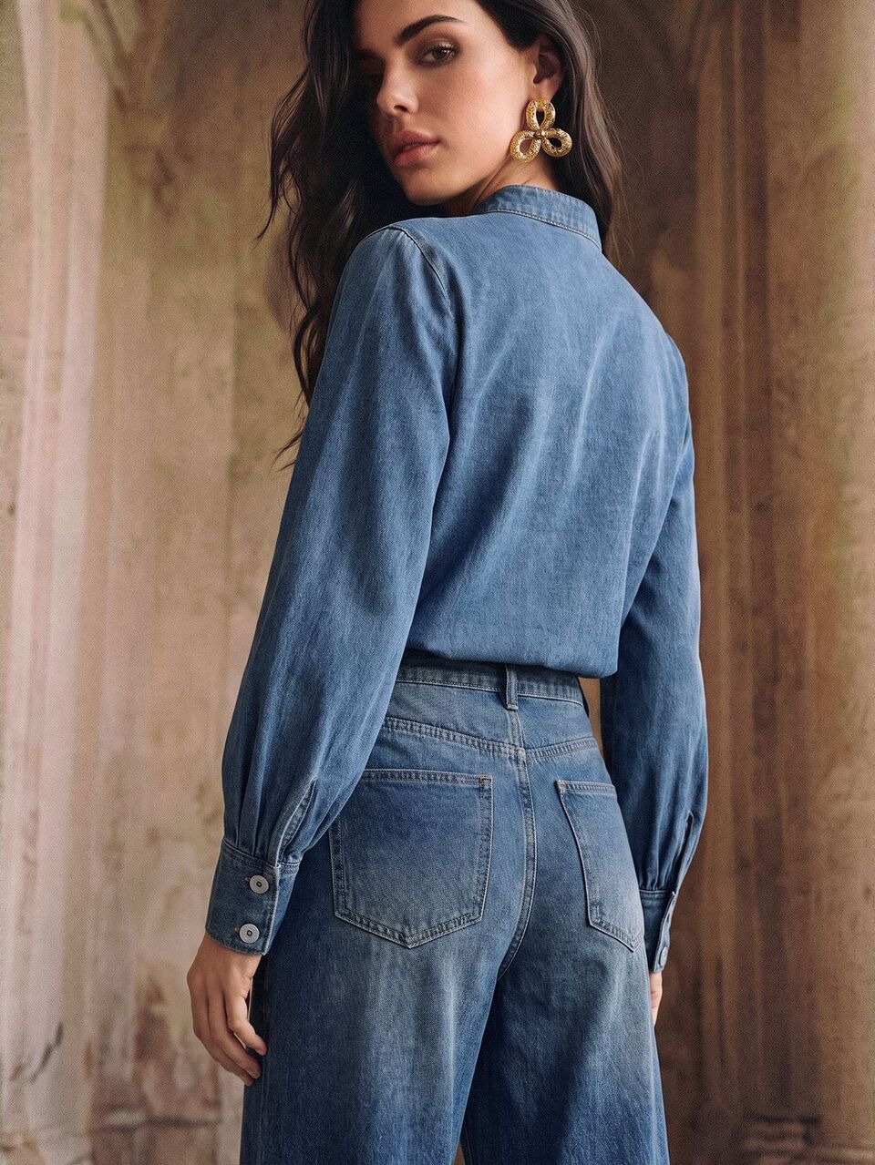 Autumn Vintage Commute Outfits, Floral Embroidery Appliqué Placket, Stand Collar, Lantern Sleeve, Blue Denim Top For Women, Suitable For Commute, Date, Vacation Wear