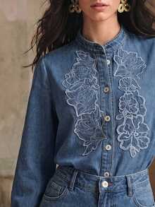 Anewsta Autumn Vintage Commute Outfits, Floral Embroidery Applique Placket, Stand Collar, Lantern Sleeve, Blue Denim Top For Women, Suitable For Commute, Date, Vacation Wear - Blue - View 3