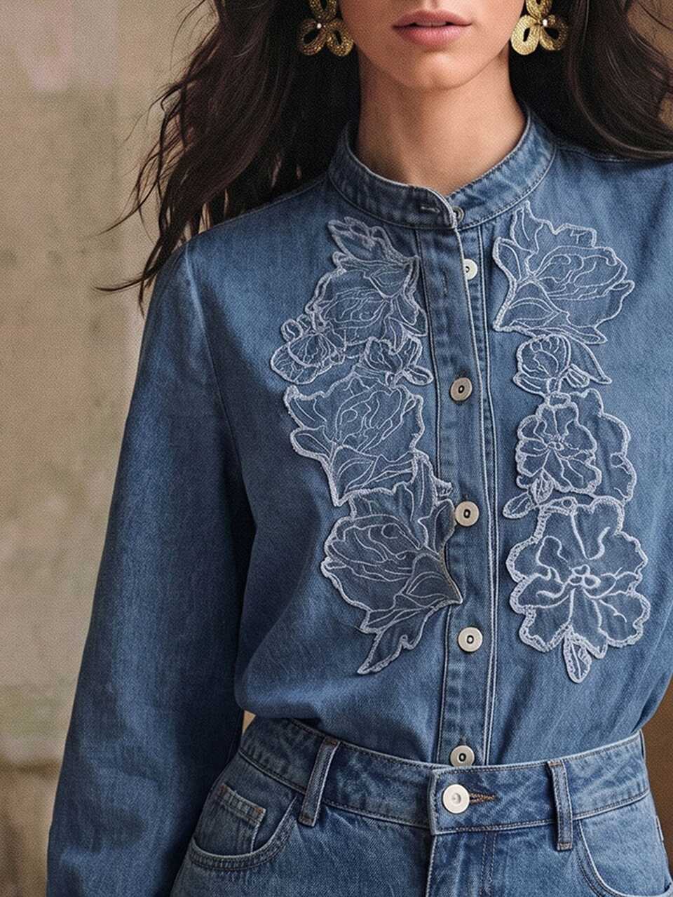 Autumn Vintage Commute Outfits, Floral Embroidery Appliqué Placket, Stand Collar, Lantern Sleeve, Blue Denim Top For Women, Suitable For Commute, Date, Vacation Wear