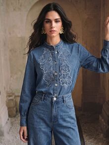 Anewsta Autumn Vintage Commute Outfits, Floral Embroidery Applique Placket, Stand Collar, Lantern Sleeve, Blue Denim Top For Women, Suitable For Commute, Date, Vacation Wear - Blue - View 6