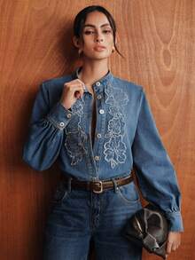 Anewsta Autumn Vintage Commute Outfits, Floral Embroidery Applique Placket, Stand Collar, Lantern Sleeve, Blue Denim Top For Women, Suitable For Commute, Date, Vacation Wear - Blue - View 4