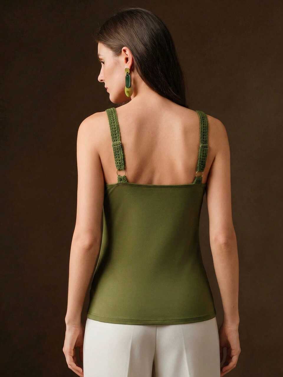 Summer Tops, Elegant Commute Outfit, Hollow Crochet Patchwork, Adjustable Wide Strap, U-Neck Knit Camisole, Green Women's Tank Top, Suitable For Commute, Daily Wear And Outings