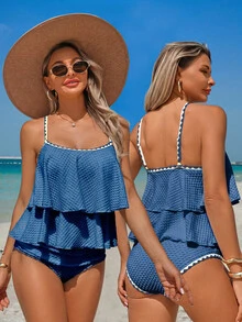 Swim Lushoire Top de tela blanca con textura y diseño de doble capa de volantes con ribete floral negro, parte superior de traje de baño para mujer y Bottom de bikini de tela a juego con ribete floral negro, conjunto de dos piezas de traje de baño para mujer de estilo maduro para verano, playa y piscina - Azul Marino - Ver 1