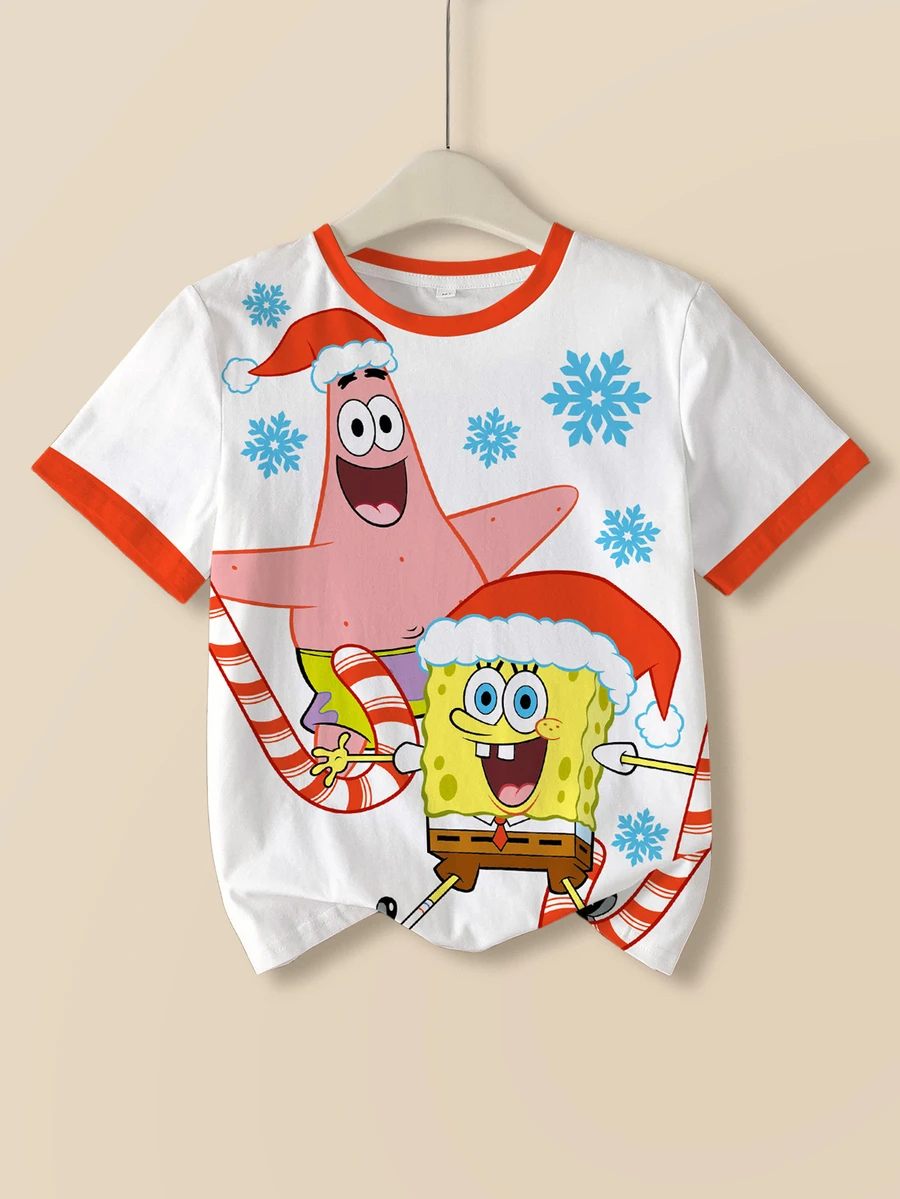 SpongeBob SquarePants | SHEIN 青少年女孩卡通印花短袖T恤 - 白色 - 查看 1