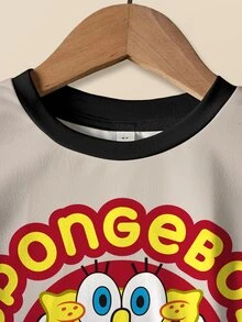 SpongeBob SquarePants | SHEIN 小男孩圓領短袖T恤與短褲休閒套裝 - 白色 - 查看 3