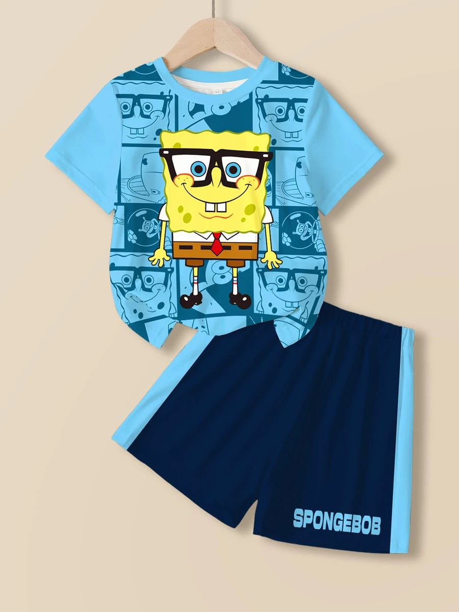 SpongeBob SquarePants | SHEIN Young Boy Cartoon Print T-Shirt And Shorts Set - White - View 1