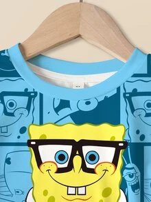 SpongeBob SquarePants | SHEIN Young Boy Cartoon Print T-Shirt And Shorts Set - White - View 3