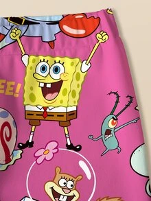 SpongeBob SquarePants | SHEIN Tween Girl Letter Cartoon Print Short Sleeve T-Shirt And Shorts Casual Daily Outfit - White - View 5