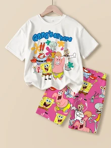 SpongeBob SquarePants | SHEIN Tween Girl Letter Cartoon Print Short Sleeve T-Shirt And Shorts Casual Daily Outfit - White - View 1