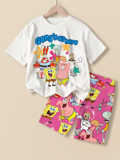 SpongeBob SquarePants | SHEIN Conjunto casual diario de camiseta de manga corta con estampado de letras y dibujos animados y pantalones cortos para niña preadolescente