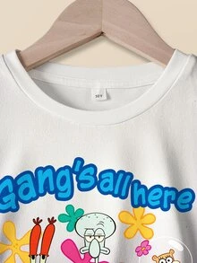 SpongeBob SquarePants | SHEIN Tween Girl Letter Cartoon Print Short Sleeve T-Shirt And Shorts Casual Daily Outfit - White - View 3