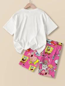 SpongeBob SquarePants | SHEIN Tween Girl Letter Cartoon Print Short Sleeve T-Shirt And Shorts Casual Daily Outfit - White - View 2