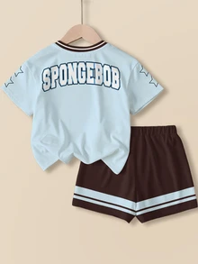 SpongeBob SquarePants | SHEIN 女童圓領卡通印花短袖T恤與短褲休閒日常套裝 - 白色 - 查看 2