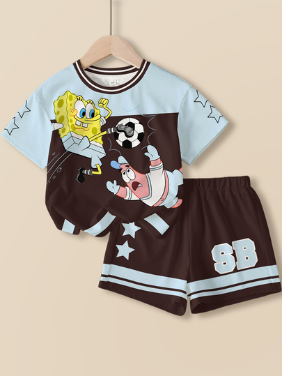 SpongeBob SquarePants | SHEIN Conjunto casual diario para niña joven con camiseta de manga corta de cuello redondo con estampado de dibujos animados y pantalones cortos
