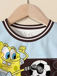 SpongeBob SquarePants | SHEIN 女童圓領卡通印花短袖T恤與短褲休閒日常套裝 - 白色 - 查看 3
